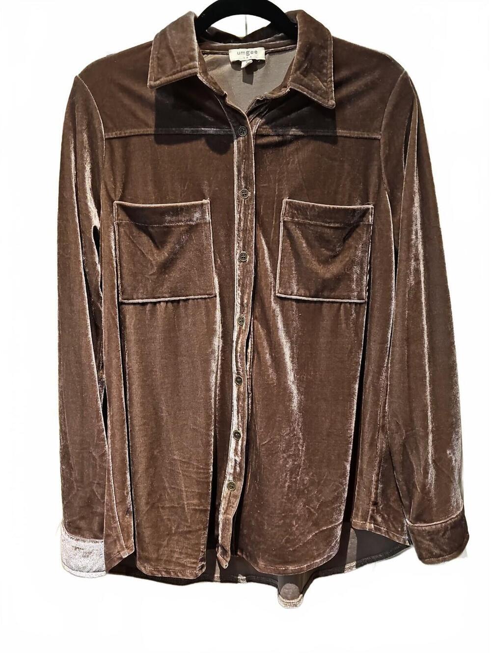 Umgee Brown Velvet Collared Button-Up Shirt Women's Regular Size M Long Sleeve